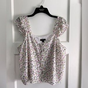 J. Crew White Floral Ruffle Sleeve Button Front Blouse